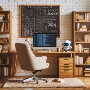 A desk with a whiteboard behind it showing the year 2024